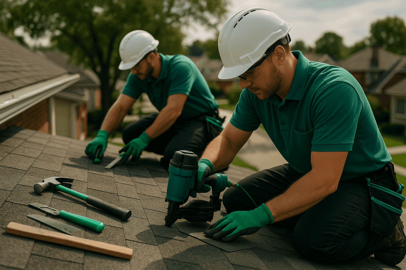 Two uniformed roofing workers wearing helmets and gloves repairing a residential roof safely