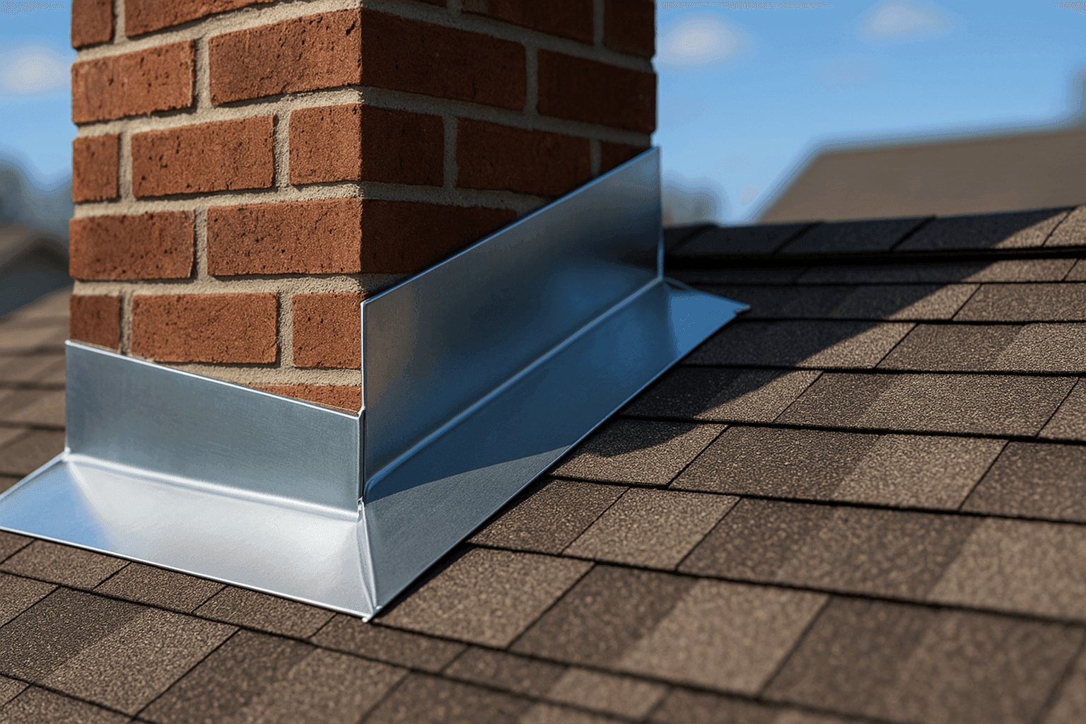 Close-up of metal flashing installed at base of brick chimney