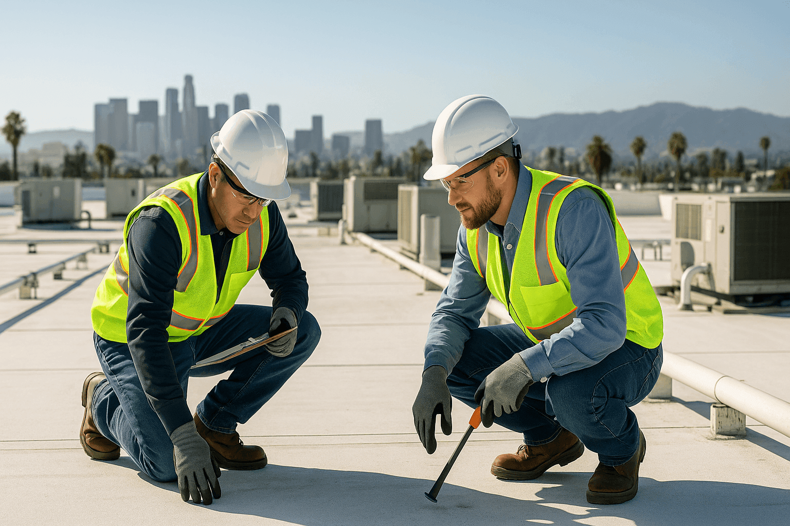 Technicians inspecting a large flat commercial roof with HVAC units