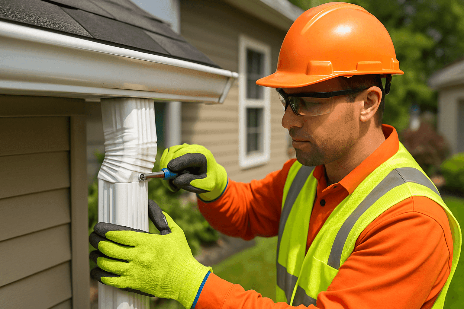 Technician installing new downspout extension on residential gutter