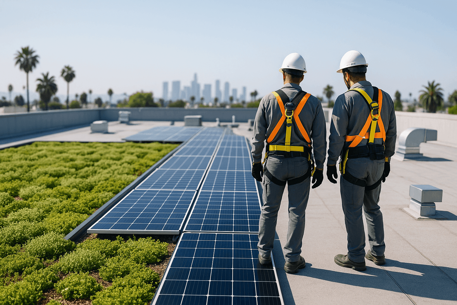 Green roof with native plants and solar panels on commercial building