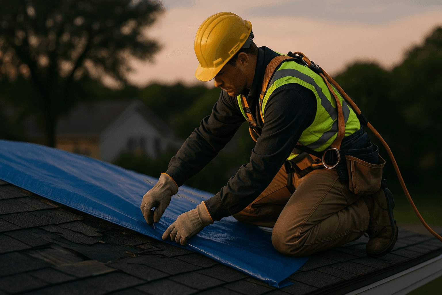 Technician shoring up a storm-damaged roof with tarps and safety gear