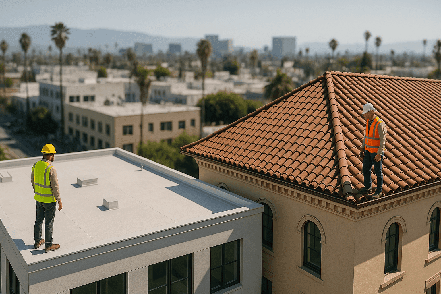 Side-by-side flat and pitched roofs on neighboring buildings