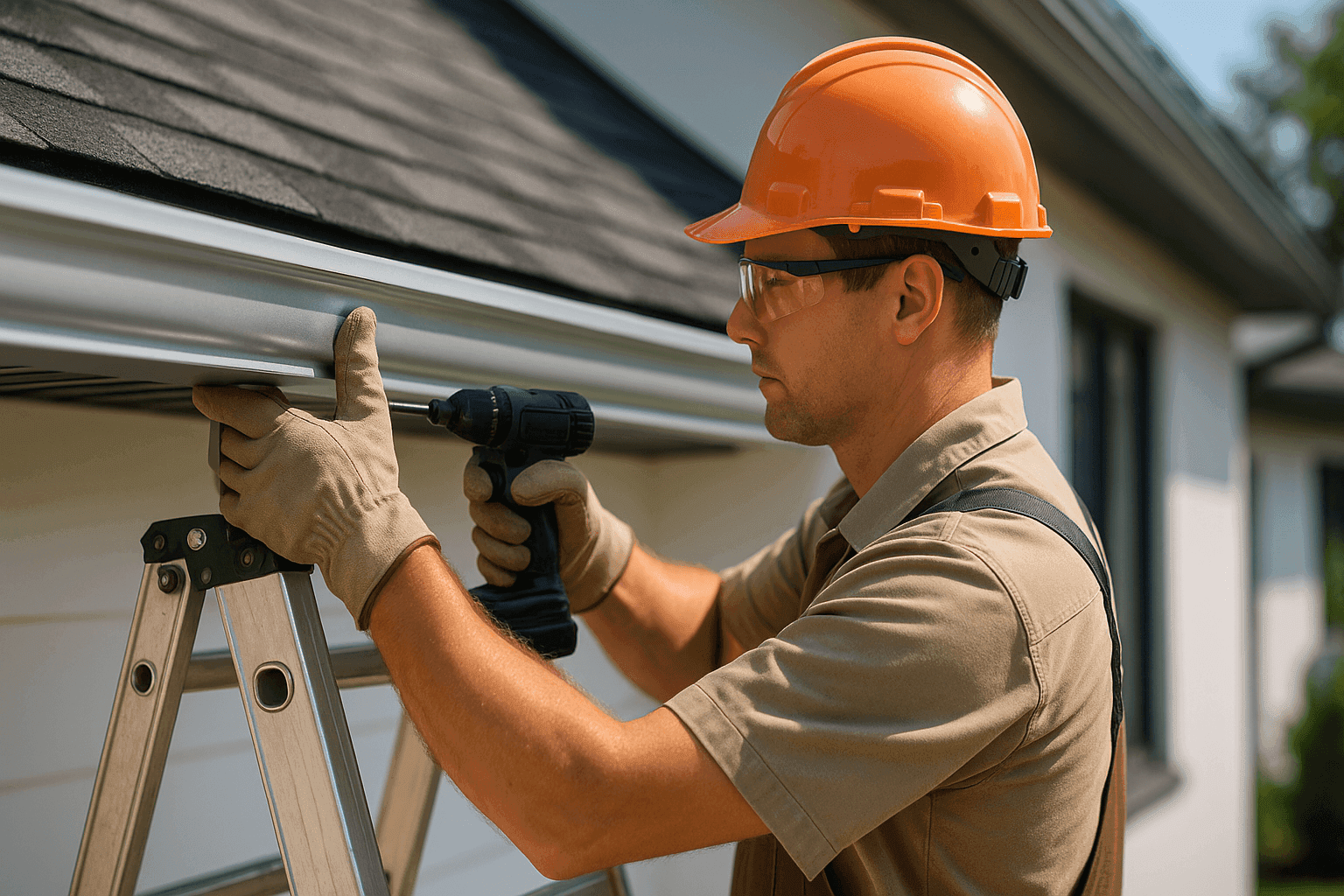 Technician installing seamless aluminum gutters on home exterior