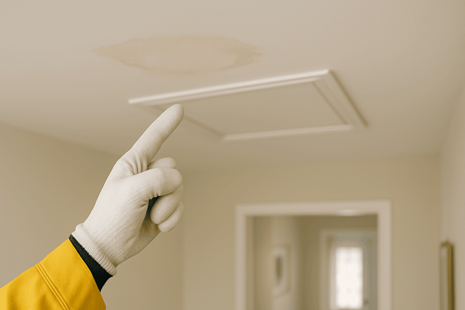 Ceiling water stain under leaking roof near attic access