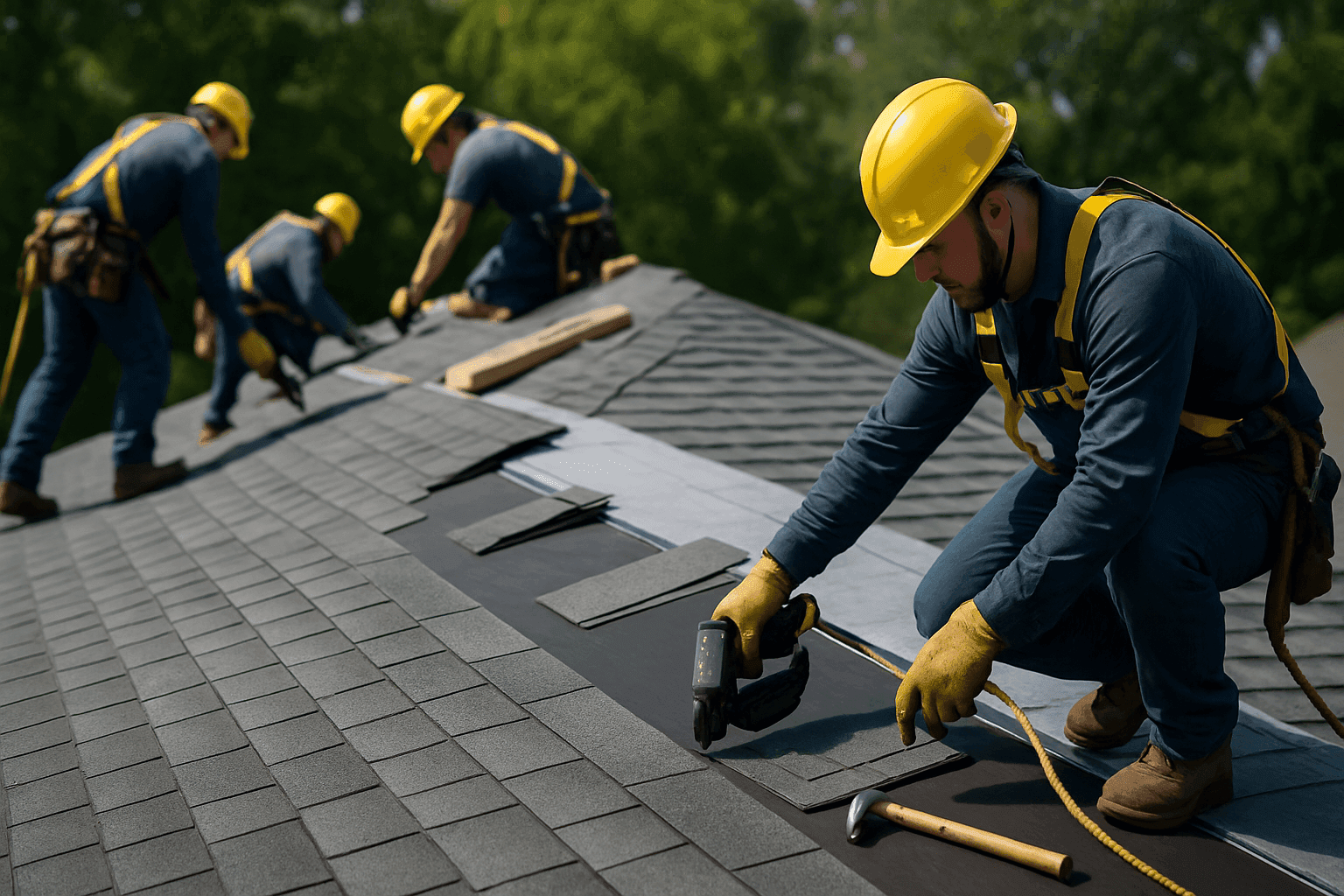 Crew installing underlayment and shingles on a new residential roof