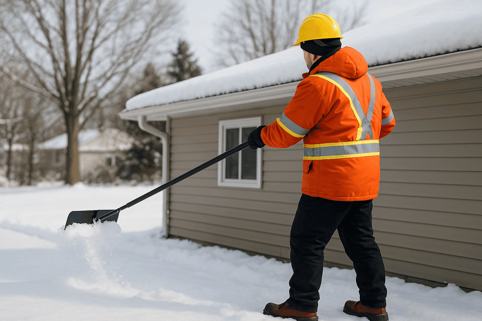 Technician removing snow from roof edge to prevent ice dams