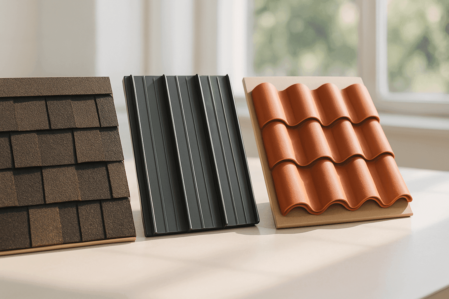 Sample boards showing asphalt, metal, and tile roofing materials