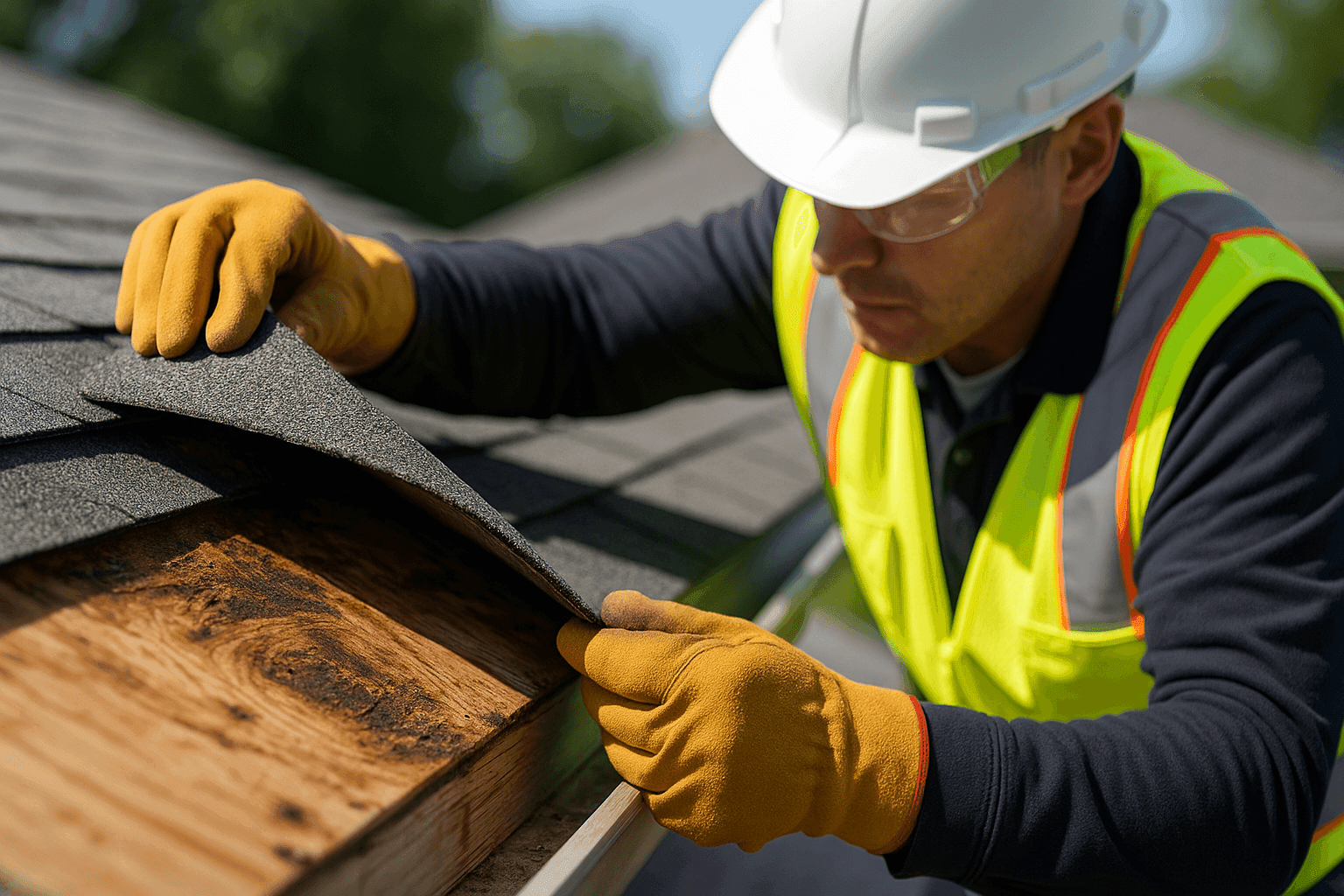 Technician inspecting exposed plywood roof decking for water damage
