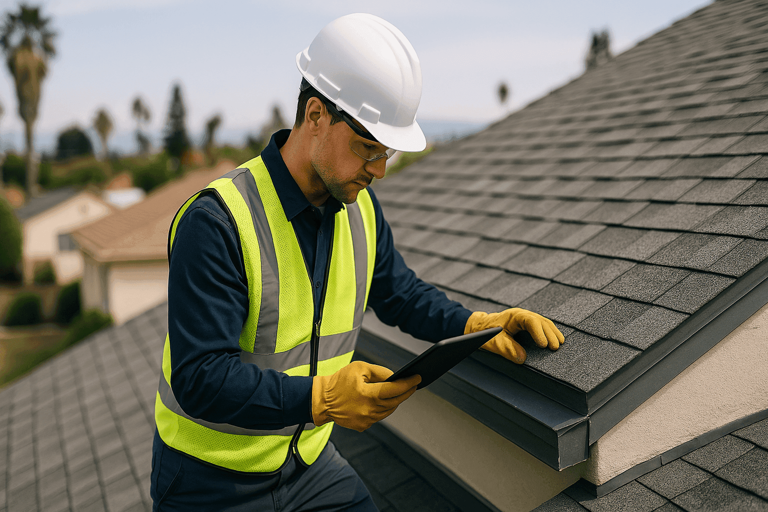 Inspector using tablet to check roof shingles and flashing
