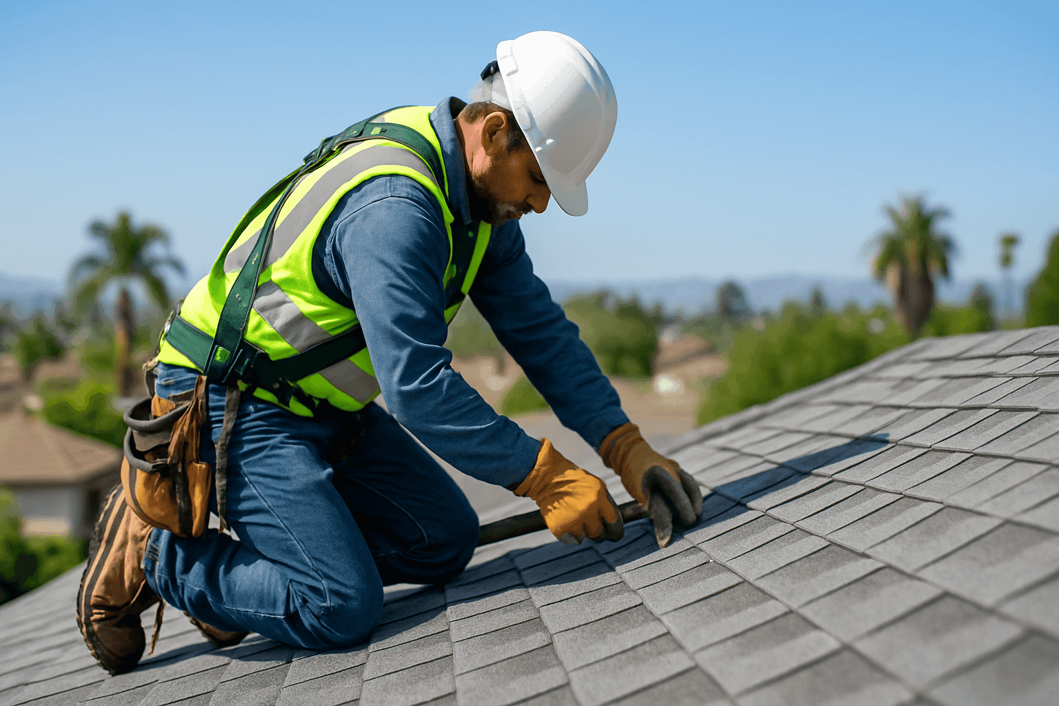 Technician nailing asphalt shingles onto a residential roof