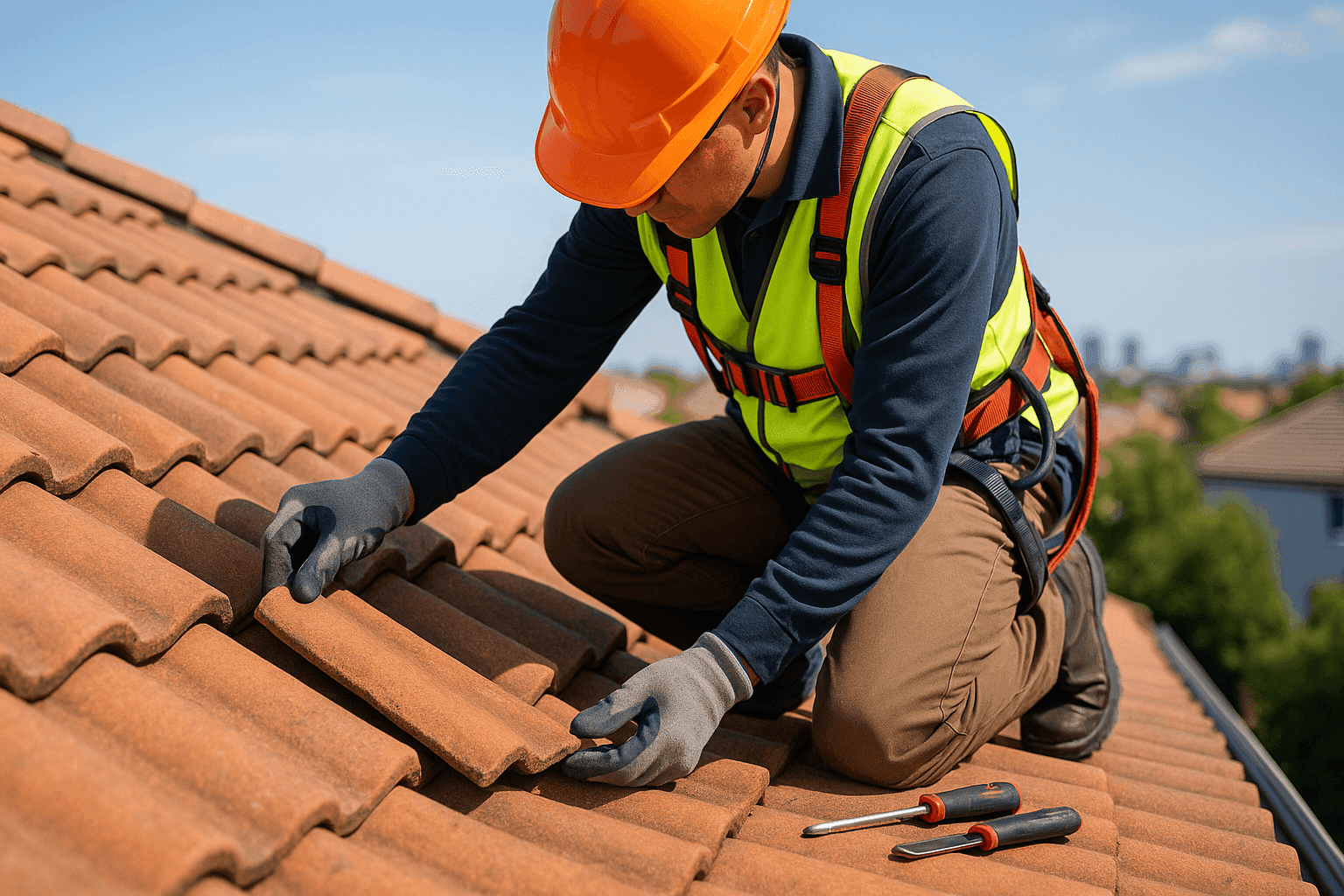 Technician inspecting red clay tile roof for cracks and moss